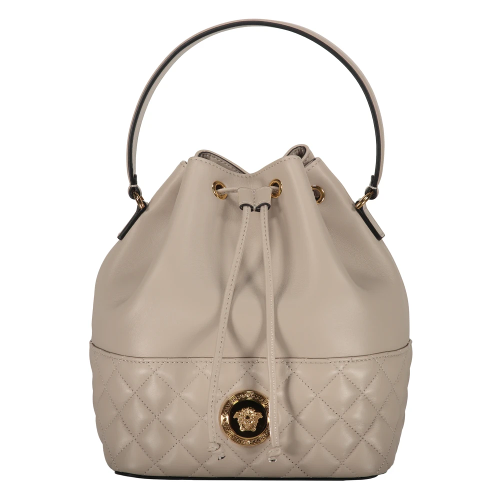 Versace Leren Bucket Bag met Trekkoordsluiting Beige Dames