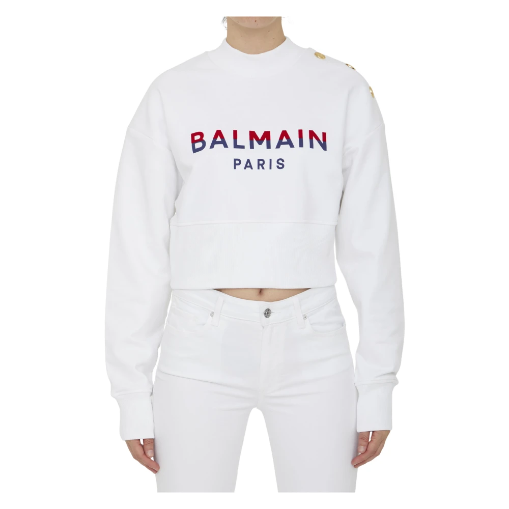 Balmain Chic Cropped Sweatshirt Aw23 White Dames