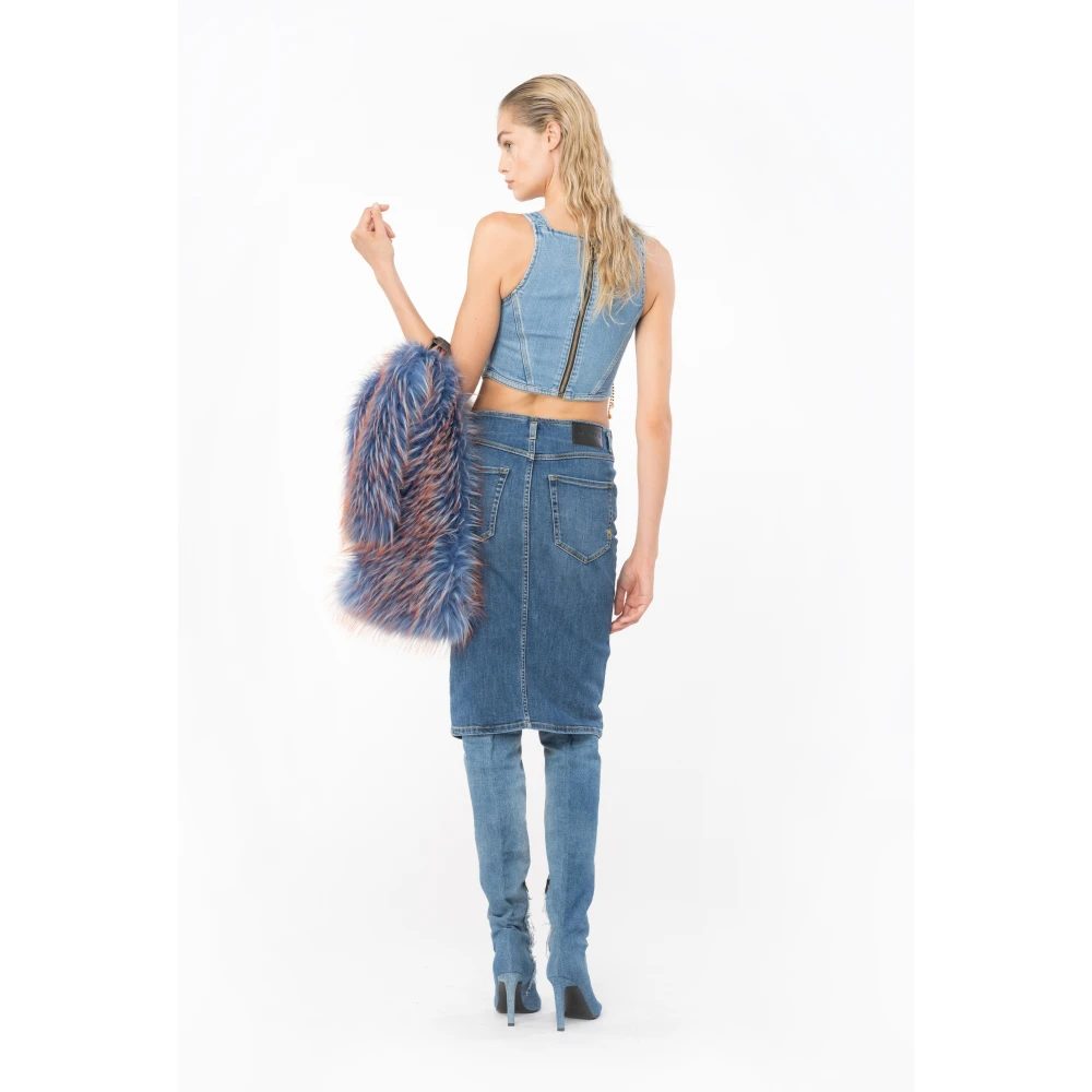 pinko Denim Bustier Top met Rhinestone Logo Blue Dames