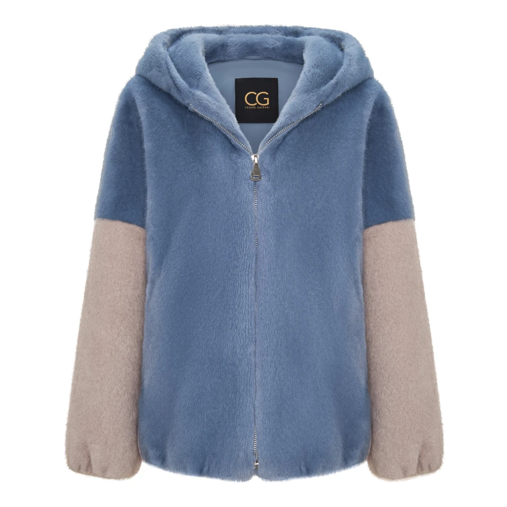 Cesare Gaspari Vrouw Blauw Jassen Dames, L, Polyester, Stijlvolle Jas Reyna Met Capuchon Van Imitatiebont