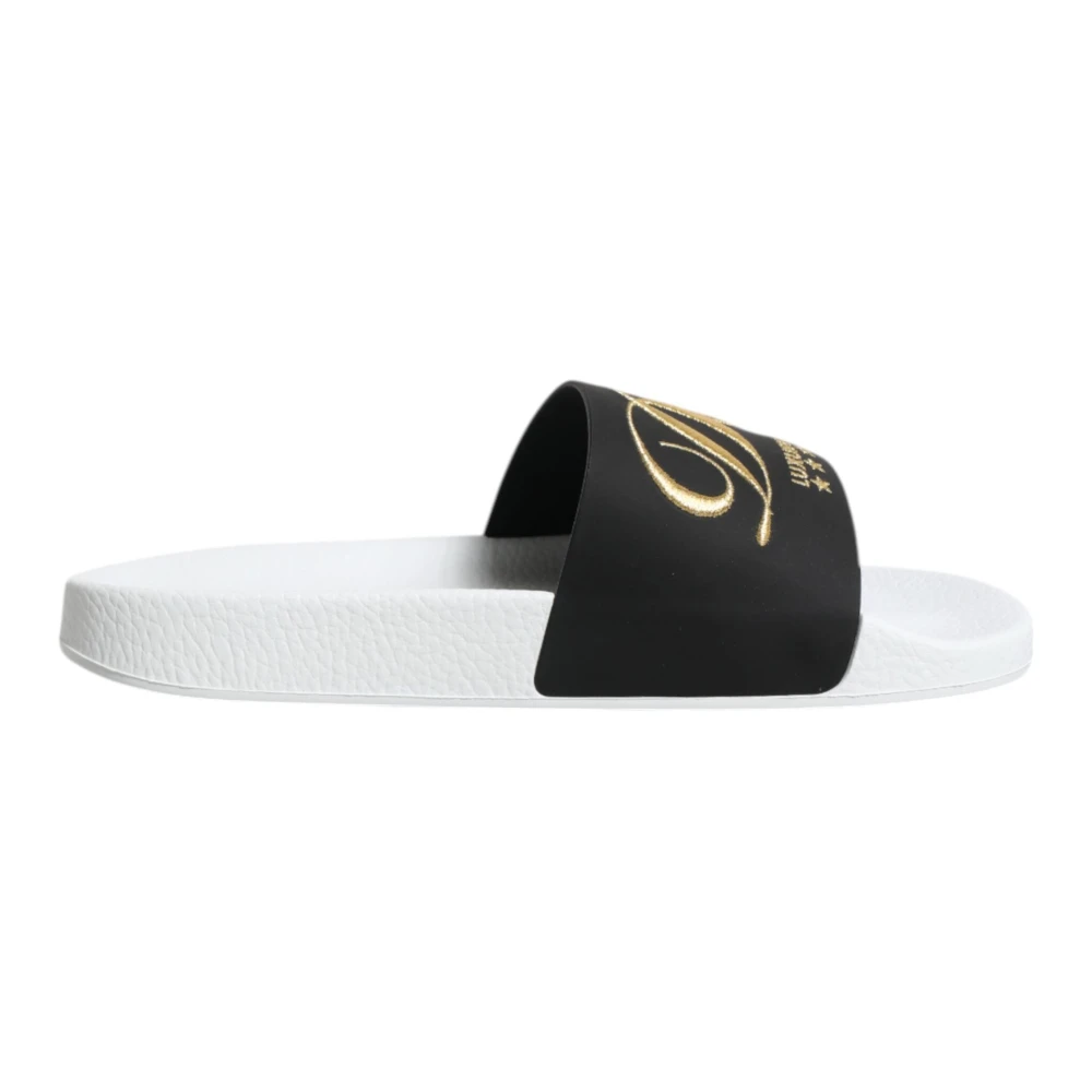 Dolce & Gabbana Men's White Sliders, 5 Uk, Black Leather Sandals Beachwear Shoes