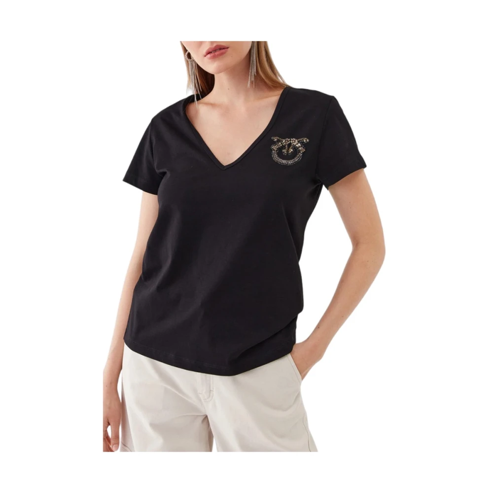 Pinko Zwarte V-hals T-shirt met glanzend logo Black Dames