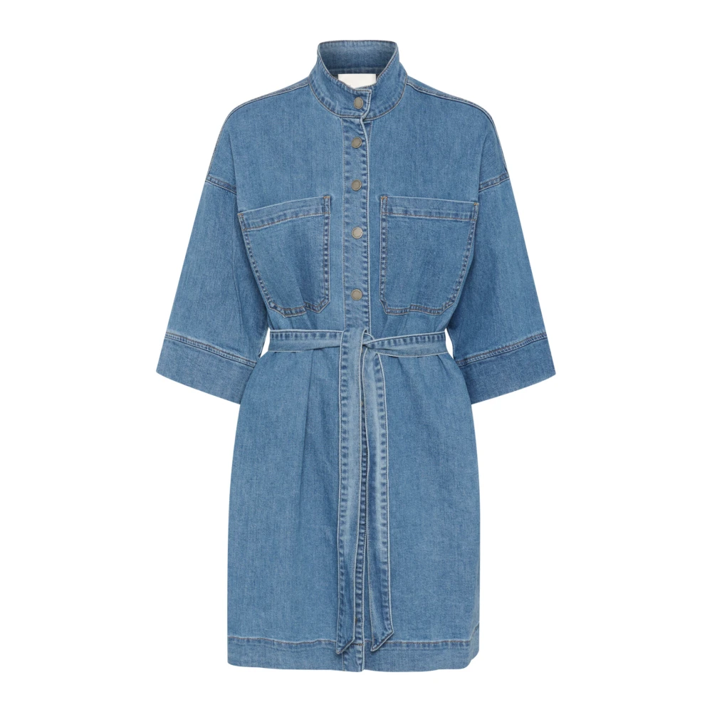 My Essential Wardrobe Blauwe Overhemdjurk met Mandarin Kraag Blue Dames