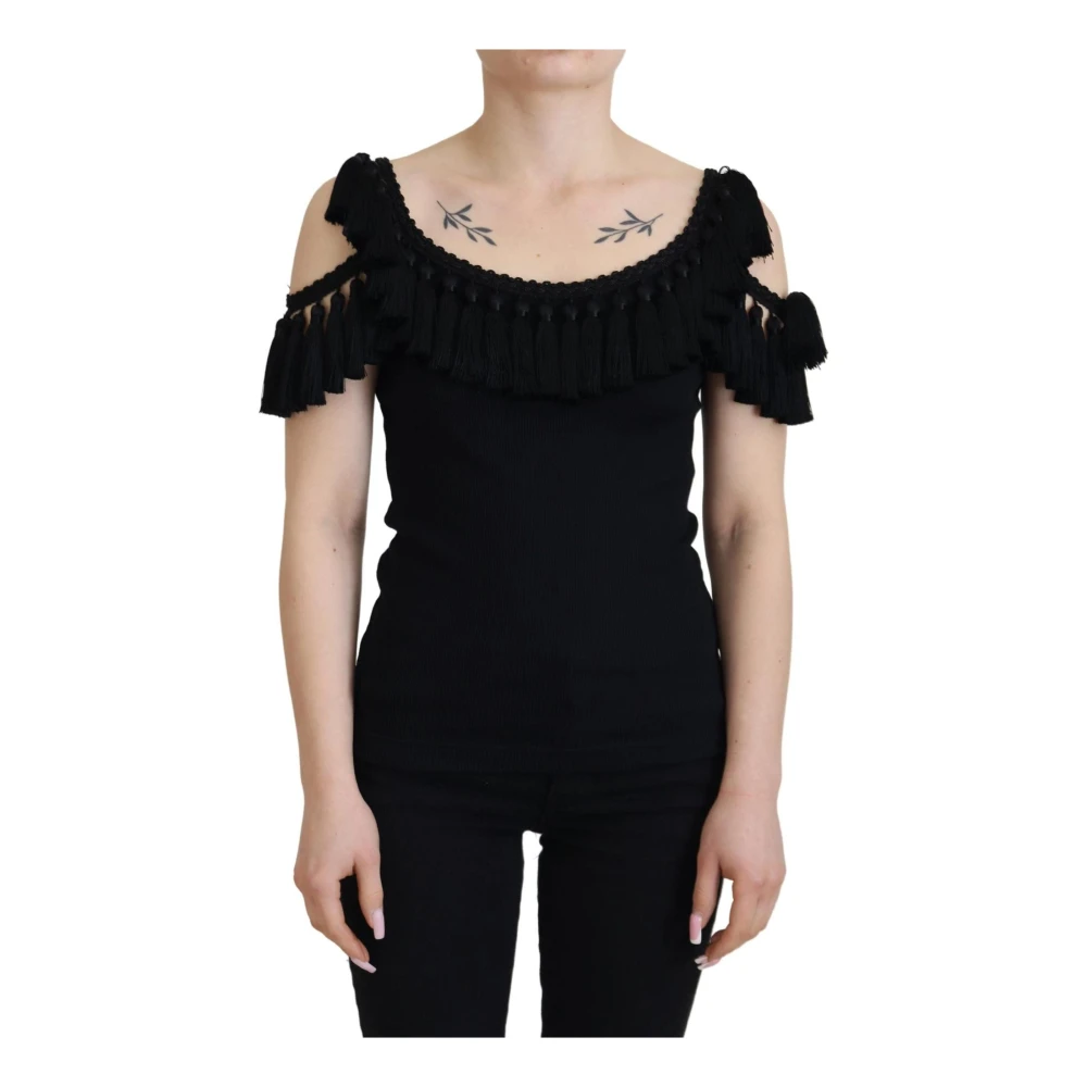 Dolce & Gabbana Geribbelde tanktop met kwast Zwart Black Dames