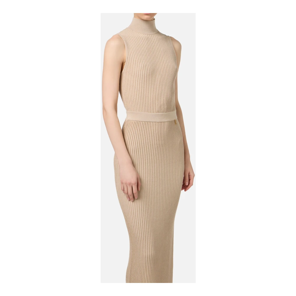 Elisabetta Franchi Geribbelde Viscose Lurex Midi Jurk Beige Dames