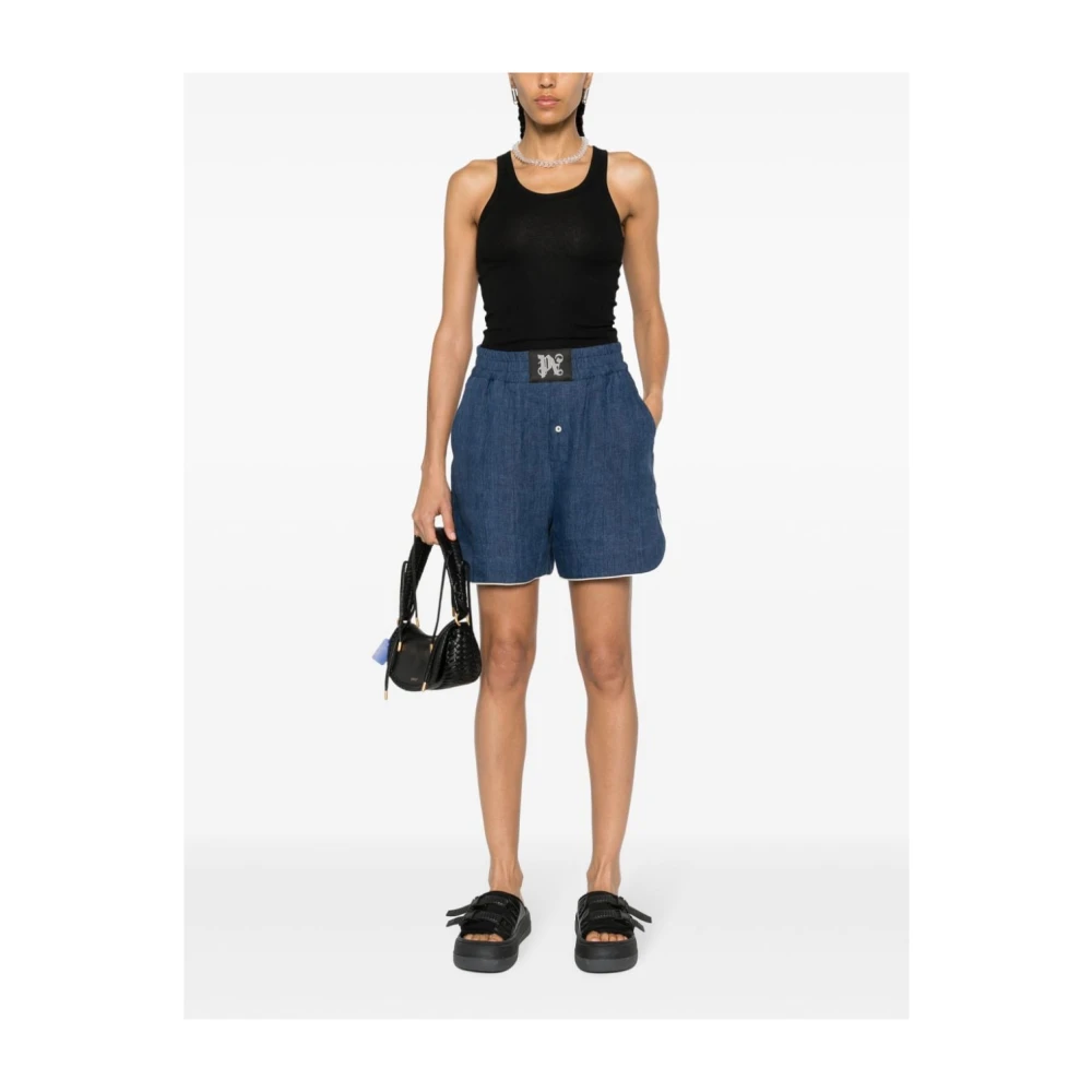 Palm Angels Blauwe Logo Patch Elastische Shorts Blue Dames