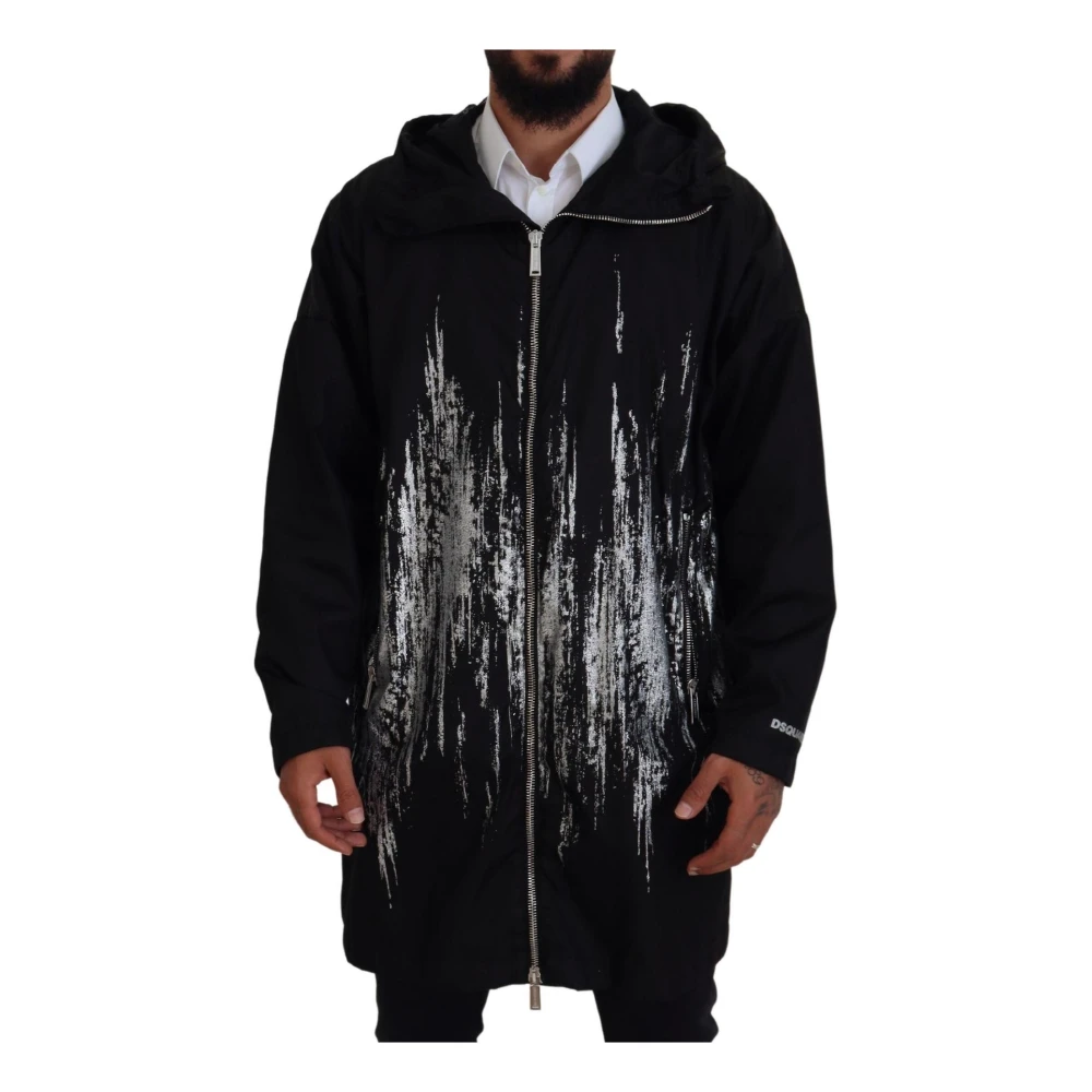 Dsquared2 Zwart Wit Print Hooded Lange Jas Black Heren