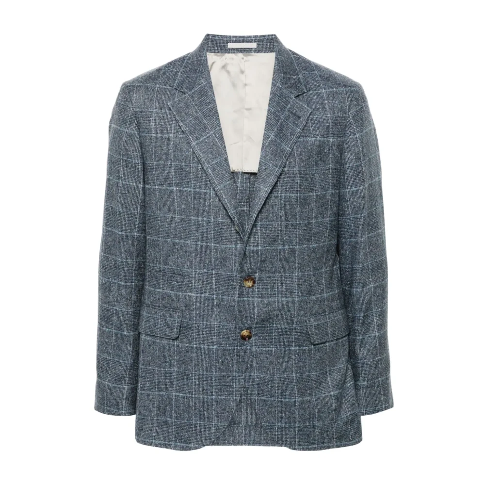 BRUNELLO CUCINELLI Geruite Blazer Met Revers Lange Mouw Blue Heren
