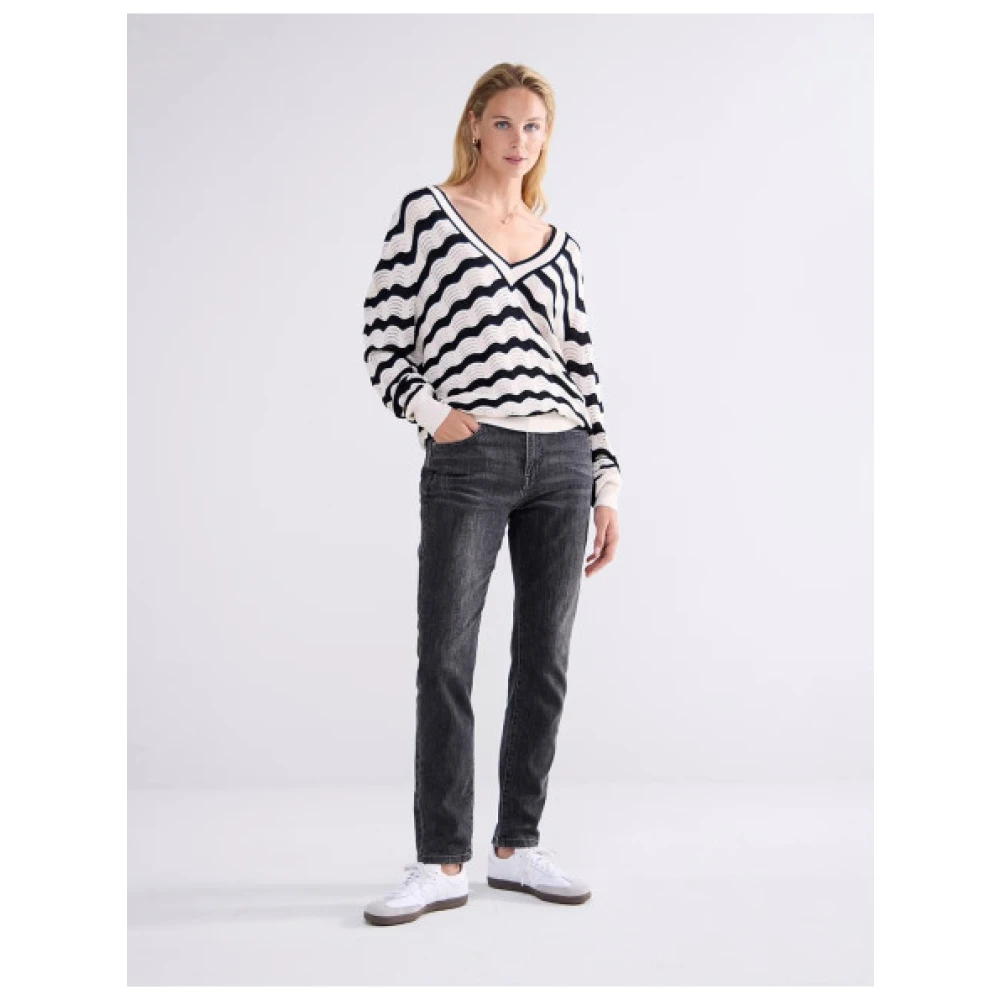 Summum Woman Golvende Gestreepte V-hals trui Beige Dames