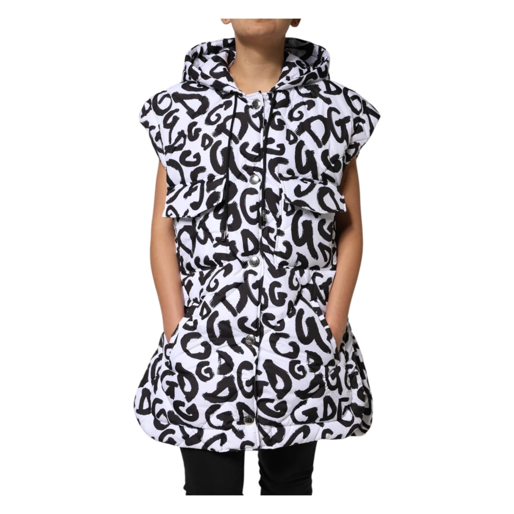 Dolce & Gabbana Women's White Dg Mania Hooded Sleeveless Puffer Jacket
