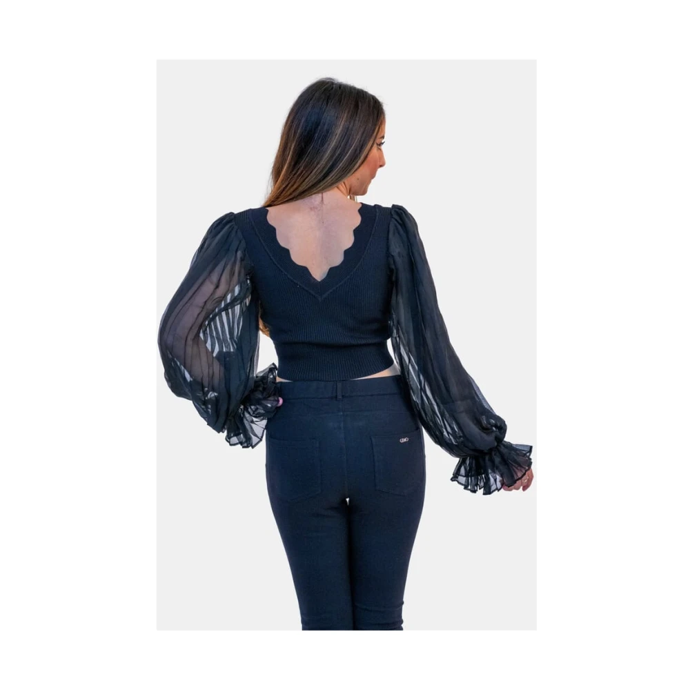 Fracomina Geribbelde Crop Sweater met V-hals Black Dames