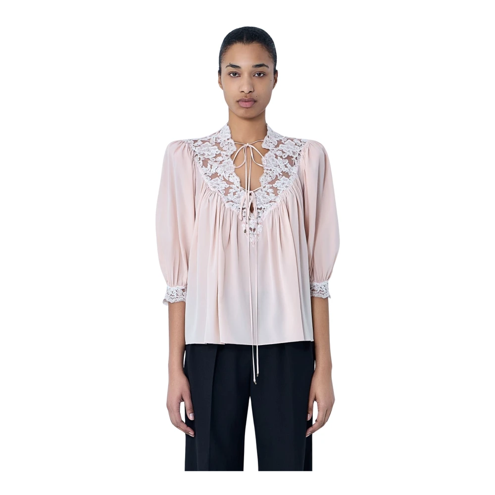 Chloé Women's Pink Blouses, S, Lace Trim Blouse