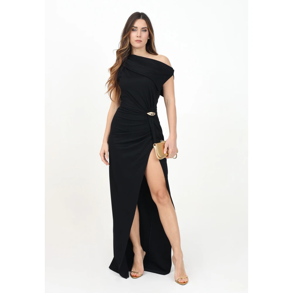 Elisabetta Franchi Zwarte lange jurk met asymmetrische halslijn Black Dames