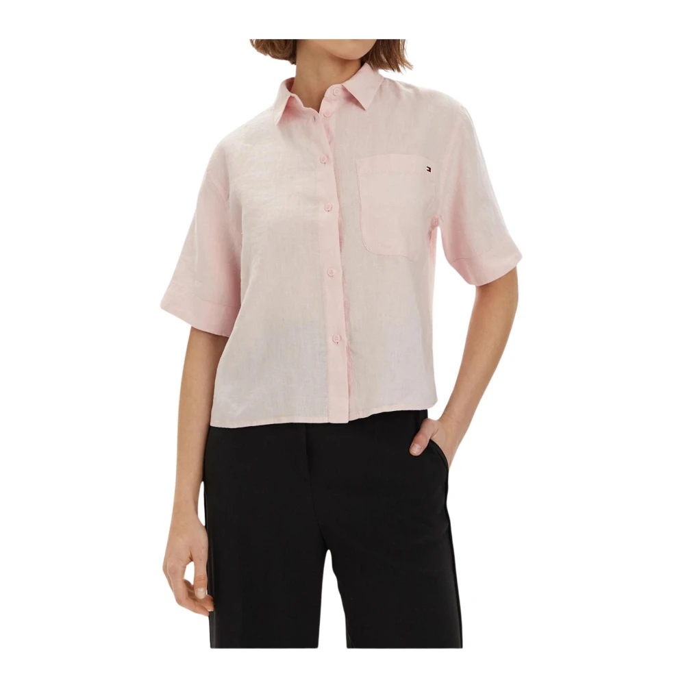Tommy Hilfiger Linnen Cropped Shirt met Geborduurd Logo Pink Dames