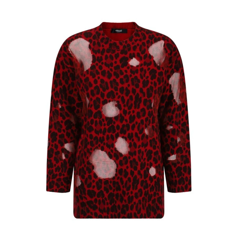 Versace Luipaardpatroon Wollen Trui Geribbelde Details Multicolor Dames