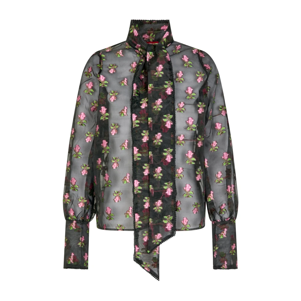 Cras Bloemen Geborduurde Doorschijnende Organza Blouse Black Dames