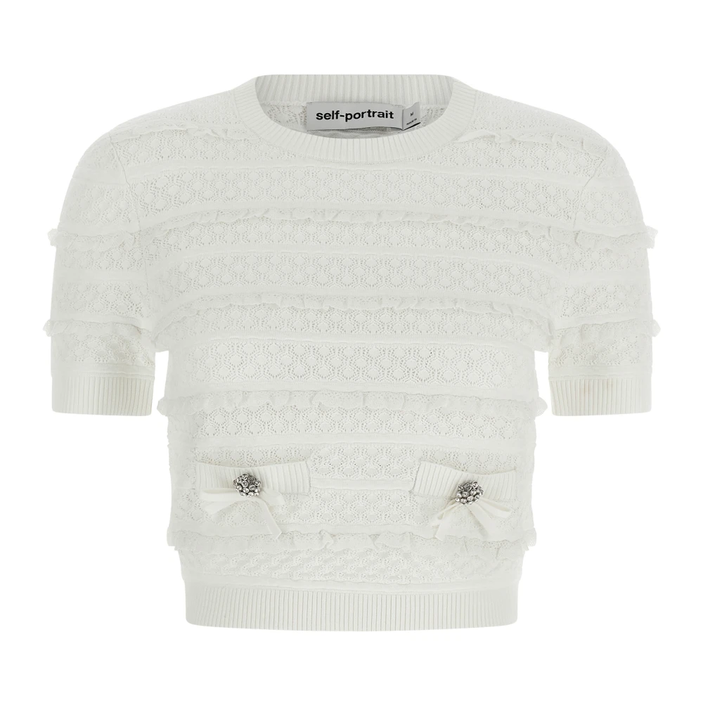 Self Portrait Pointelle Knit Top - Female - Round-Neck Knitwear - White - S - Knitwear