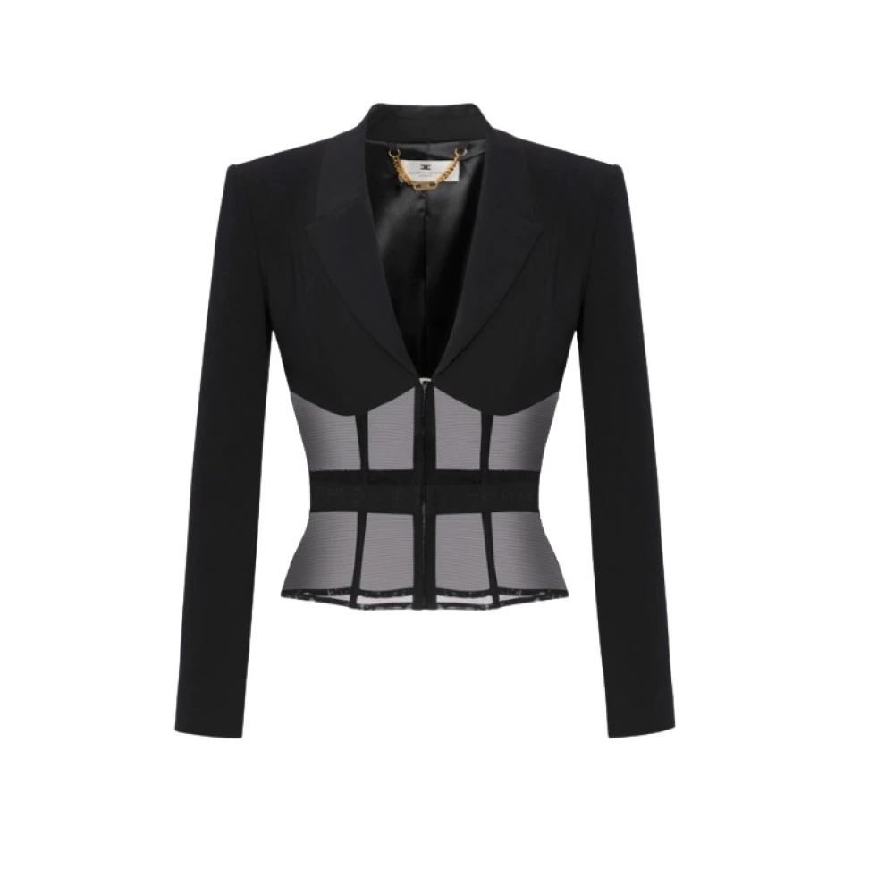Elisabetta Franchi Zwarte Crêpe Jas met Tule Inzetstukken Black Dames