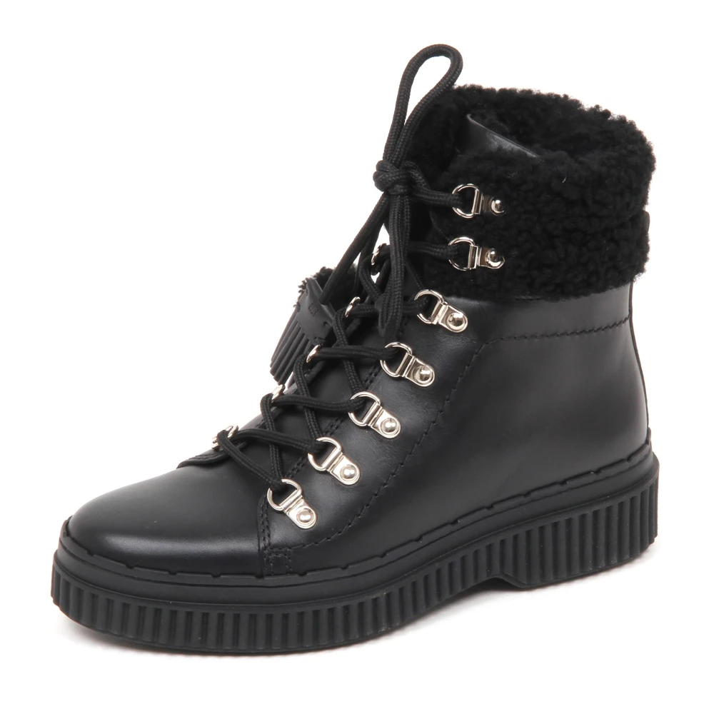 Tod's Women's Black Lace-Up Boots, 6 Uk, Leather Ankle Boots With Hooks