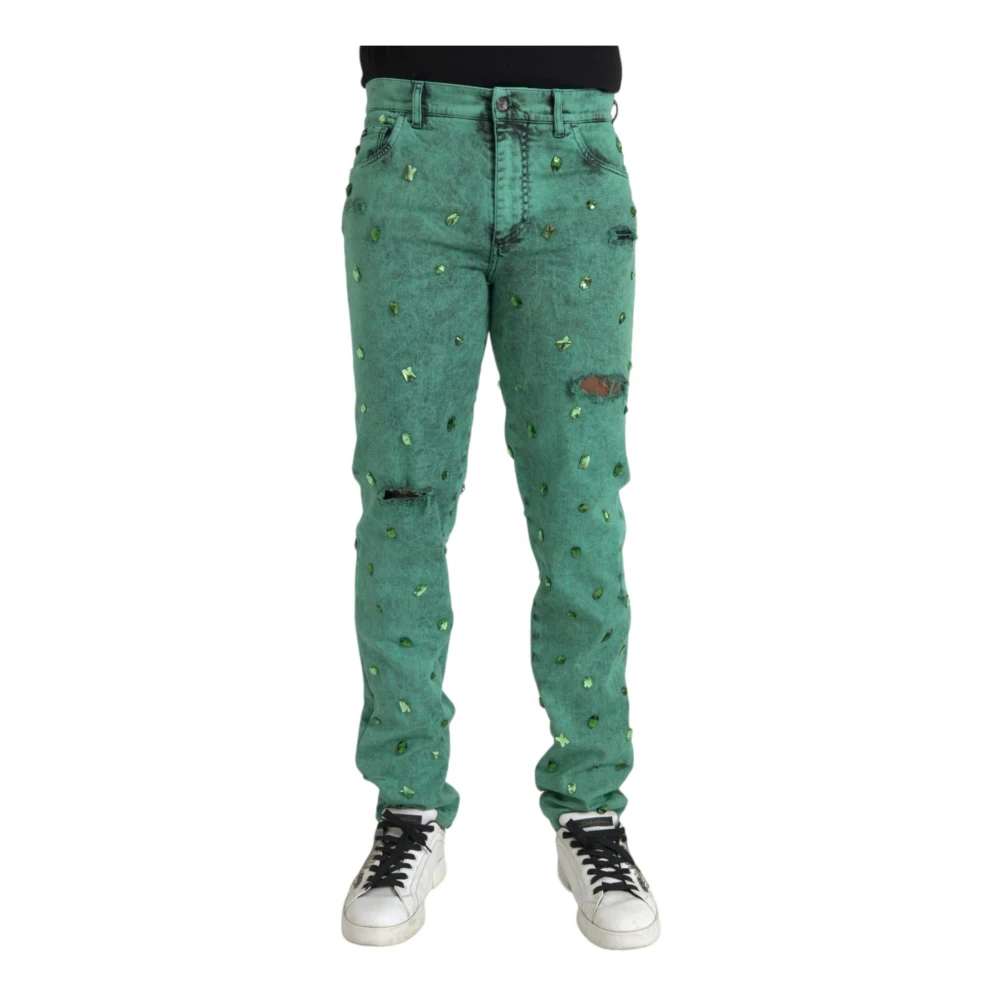 Dolce & Gabbana Men's Green Crystal Embellished Slim Jeans