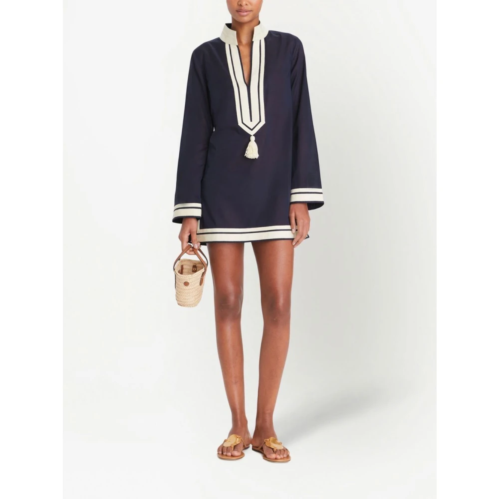 TORY BURCH Blauw Katoen U-Hals Shirt Kwast Blue Dames