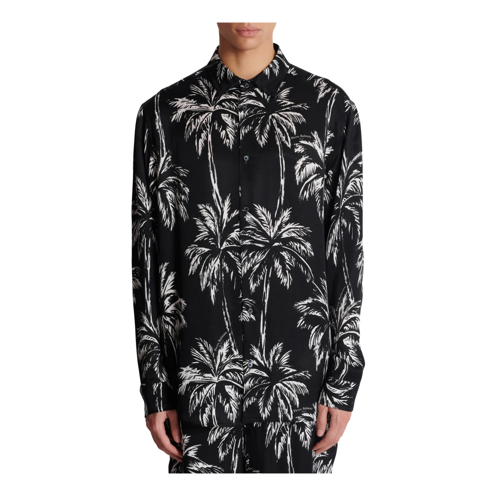 Balmain Gedrukte satijnen palmboom overhemd Black Heren
