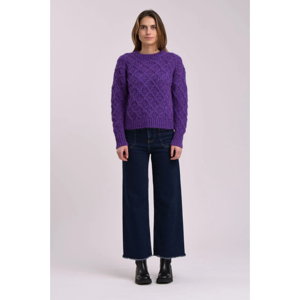 La Fée Maraboutée Paarse ronde hals trui met fantasiebreisel Purple Dames