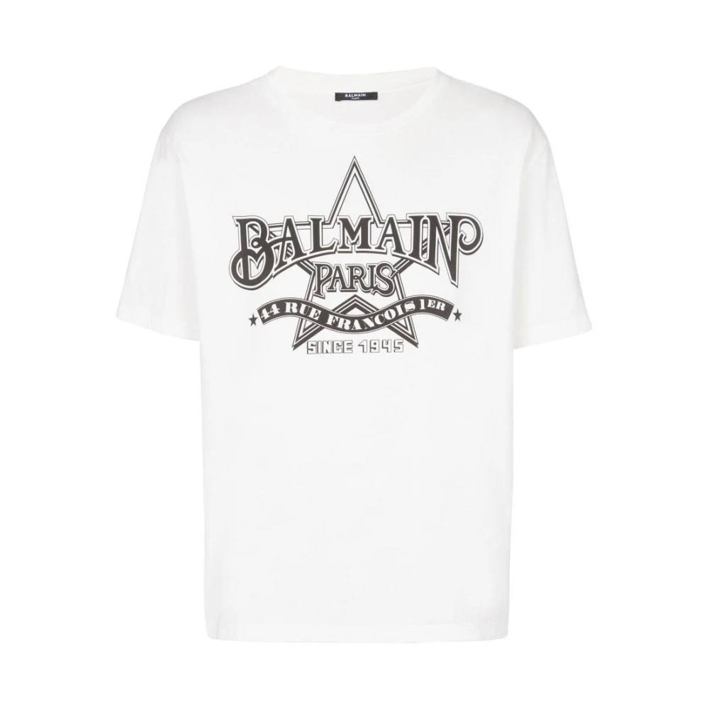 Balmain Wit Katoenen Logo Print T-Shirt White Heren
