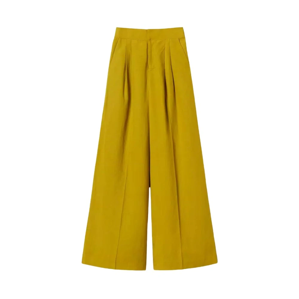 Twinset Women's Green Linen Blend Wide-Leg Trousers - Wide Trousers - M - Trousers