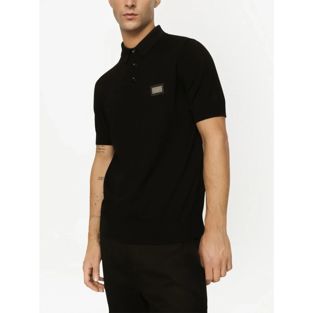 Dolce & Gabbana Zwarte wollen poloshirt metalen logo Black Heren
