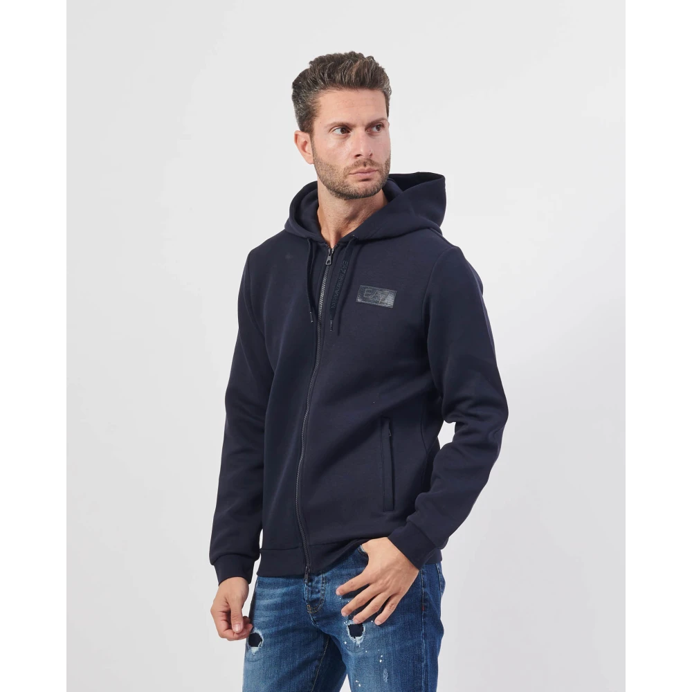 Emporio Armani Blauwe hoodie met volledige rits en zakken Blue Heren