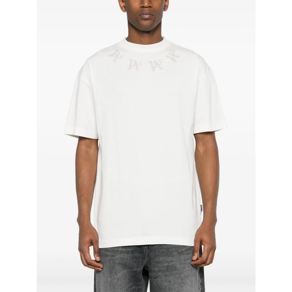 Palm Angels Monogram Crew-neck T-shirt met Orange Palm Tree Print Beige Heren