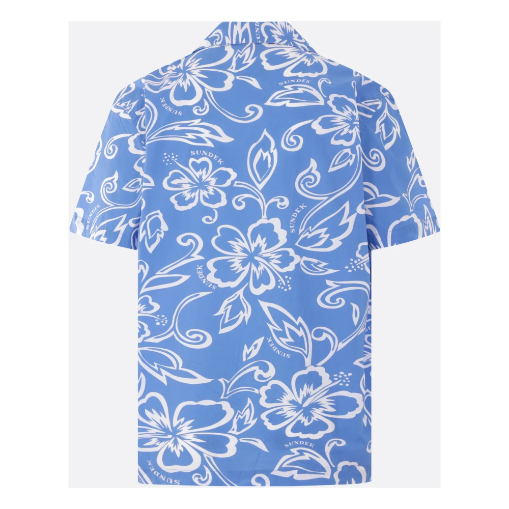Sundek Golden Wave Hibiscus Print Bowling Shirt Blue Heren
