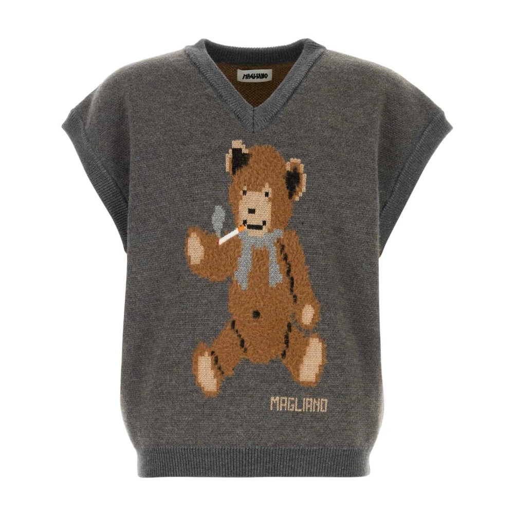 Magliano Men's Gray V-Neck Knitwear, M, Teddy Bear Vest