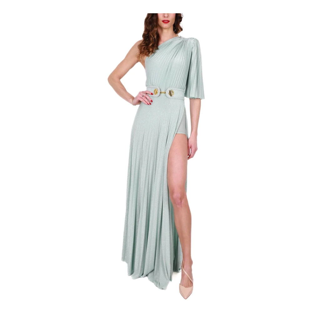 Elisabetta Franchi Groene Lurex Een-Schouder Maxi Jurk Green Dames