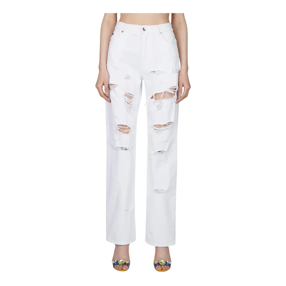Dolce & Gabbana Logo Plaque Distressed Jeans - Female - Straight Fit Jeans - White - S - Jeans