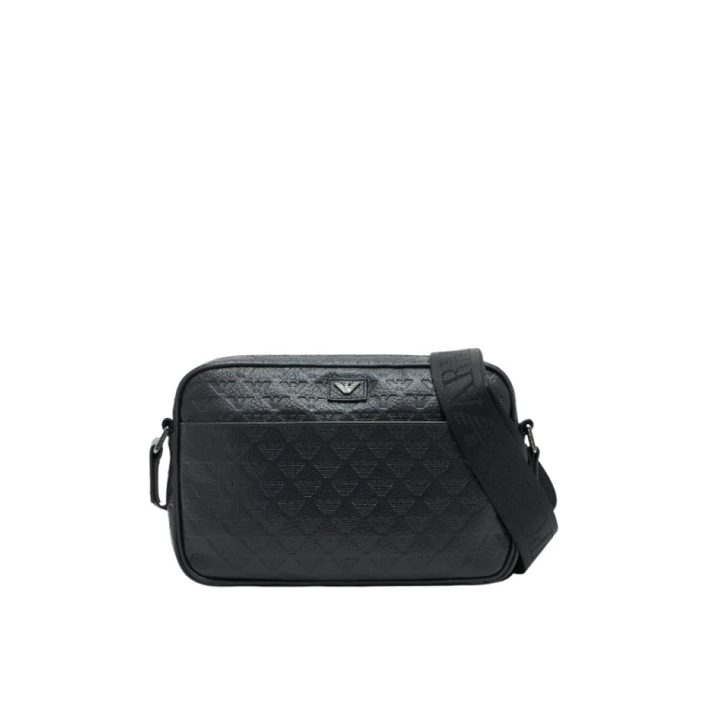 Emporio Armani Mannelijk Zwart Tassen Heren, One Size, Leer, Schoudertas Van Leer Met All-Over Adelaar Reliëf