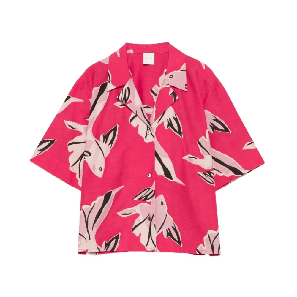 Paul Smith Women's Red Shirts, S, Fish Print Button Closure Short Sleeve Shirt