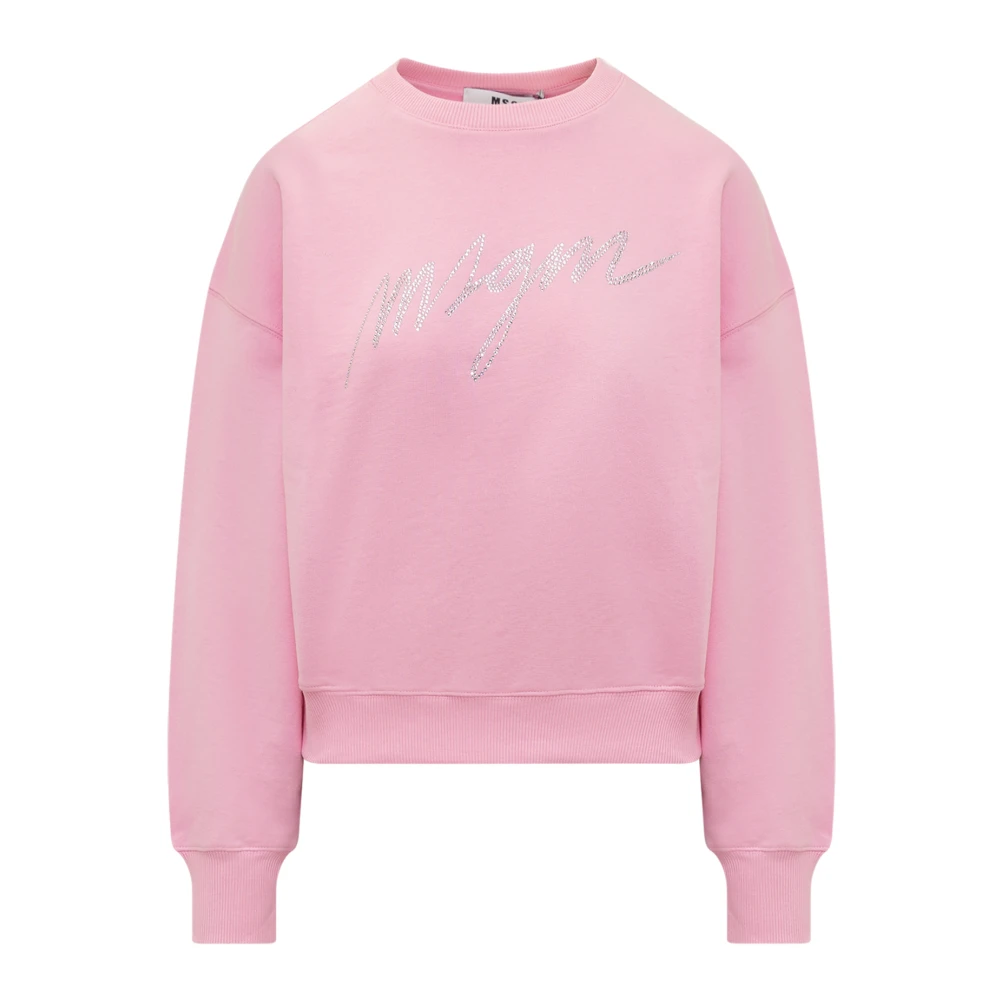 Msgm Rhinestone Logo Crewneck Sweatshirt Pink Dames