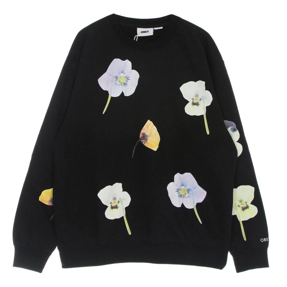 Obey Men's Black Sweatshirts, S, Floral Print Crewneck Sweatshirt