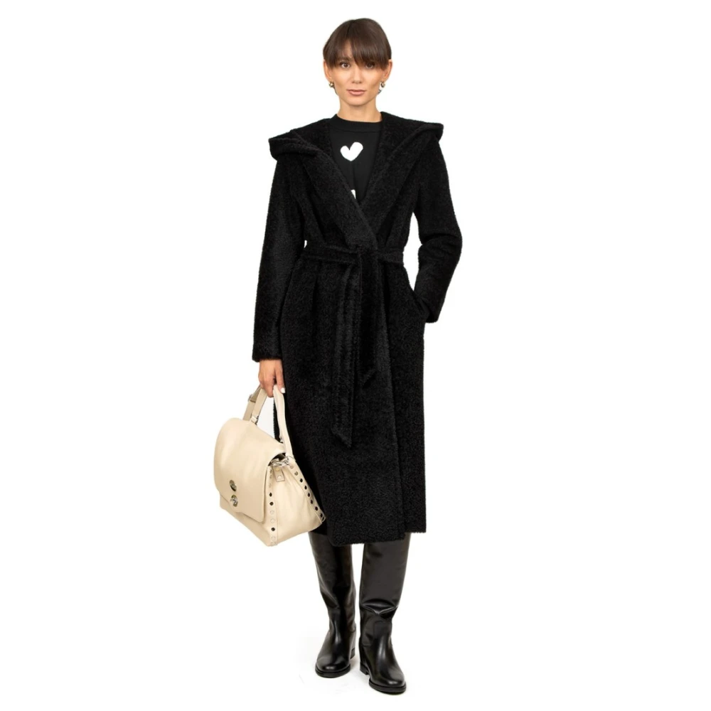 Max Mara Studio Lange Zwarte Alpaca Wollen Jas met Capuchon Black Dames