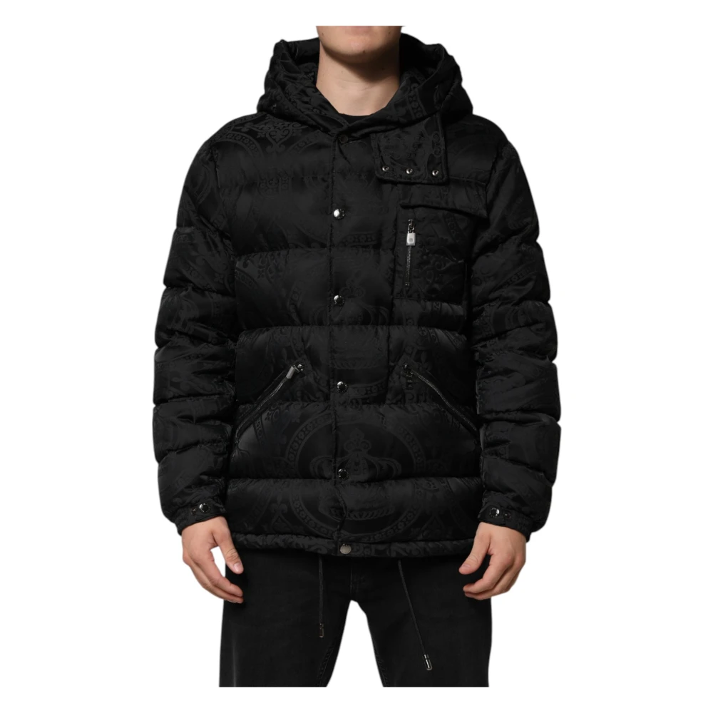 Dolce & Gabbana Men's Black Jacquard Quilted Puffer Hooded Jacket