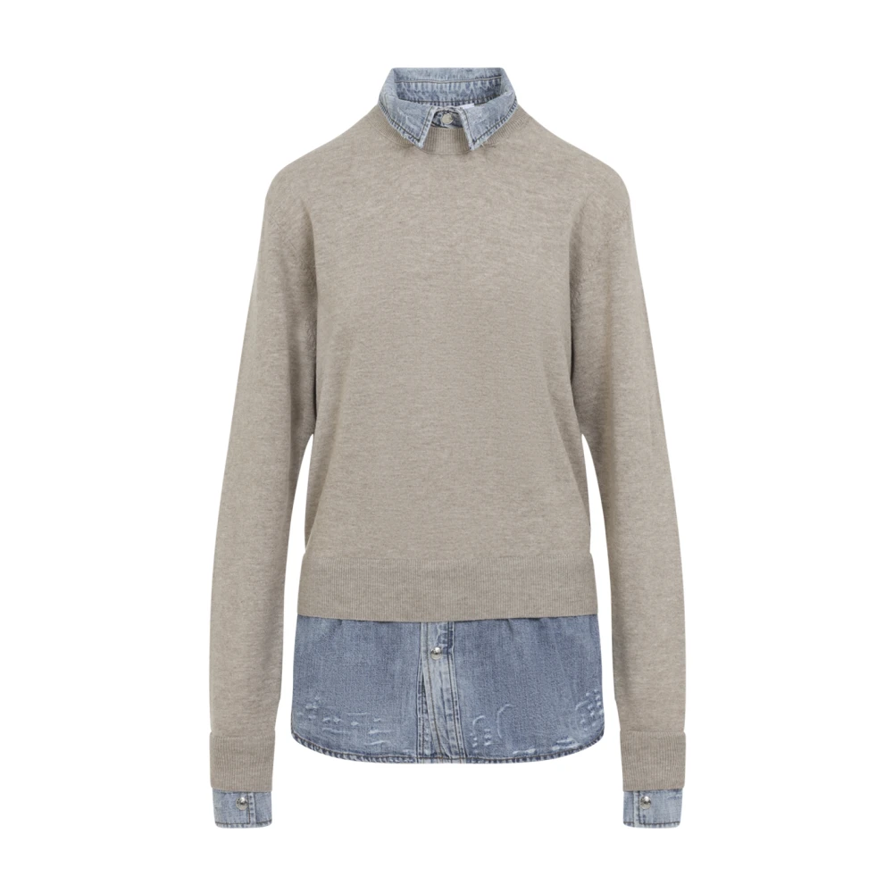 Acne Studios Women's Beige Round-Neck Knitwear, M, Layered Wool Jumper