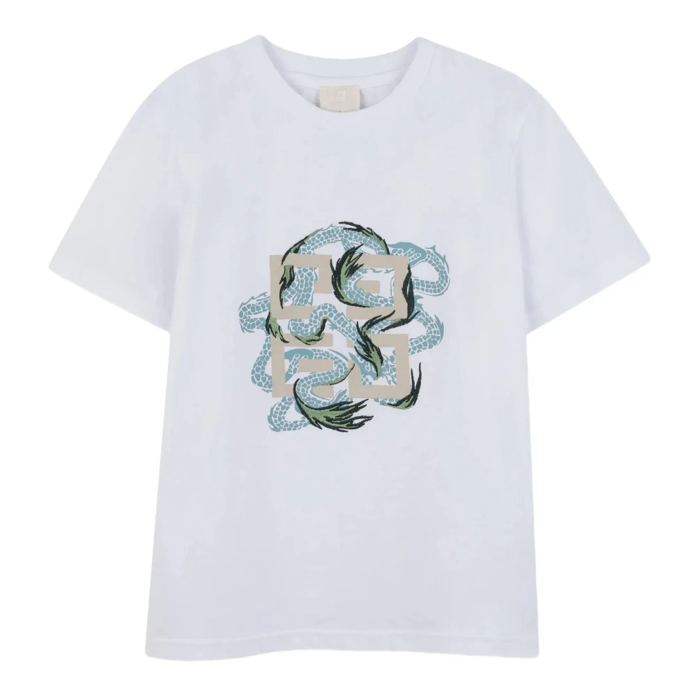 Givenchy Boys White Kids Short Sleeve T-Shirts, 12 Y, Dragon Print Cotton T-Shirts And Polos