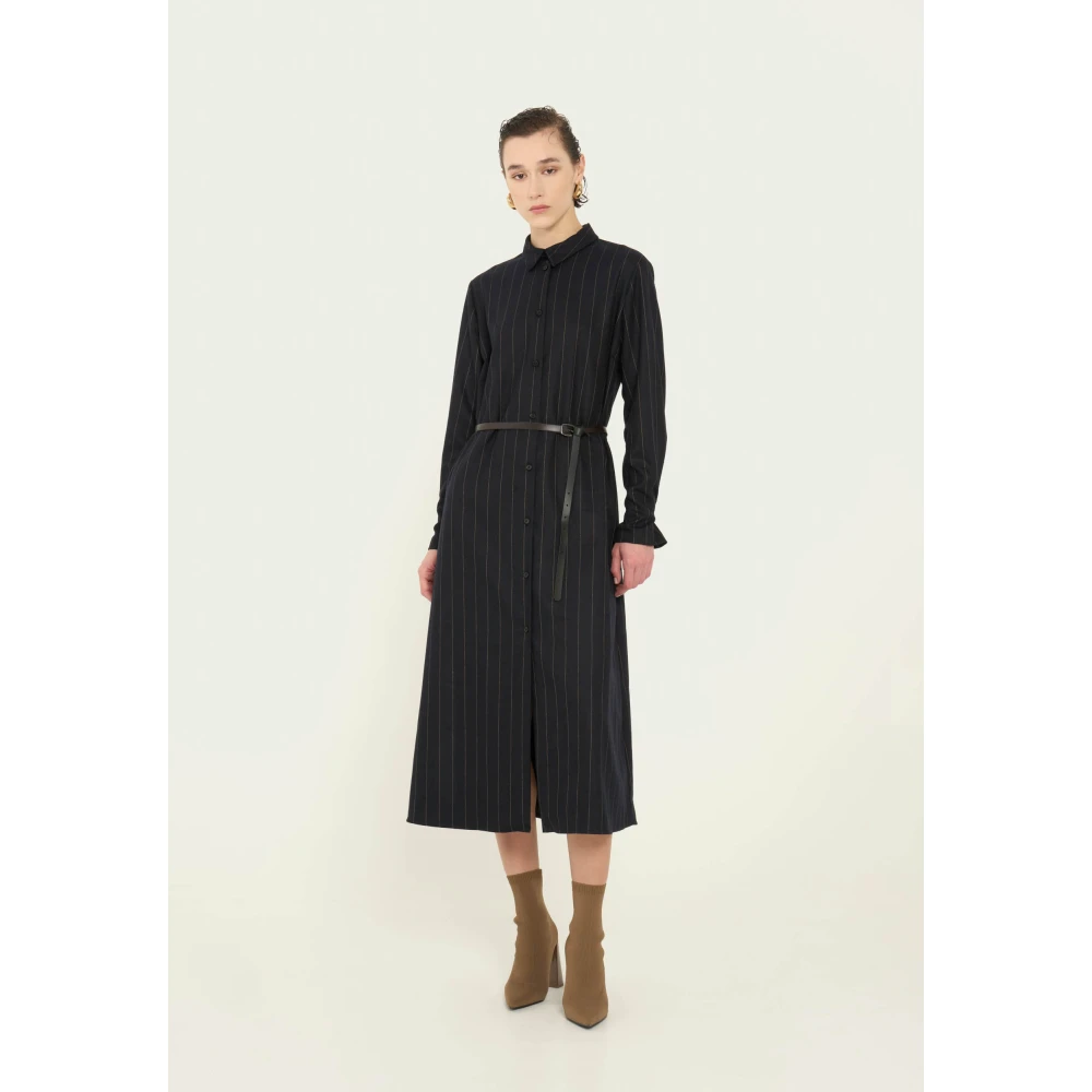 Vicario Cinque Gestreepte Flanellen Chemisier Jurk met Riem Blue Dames