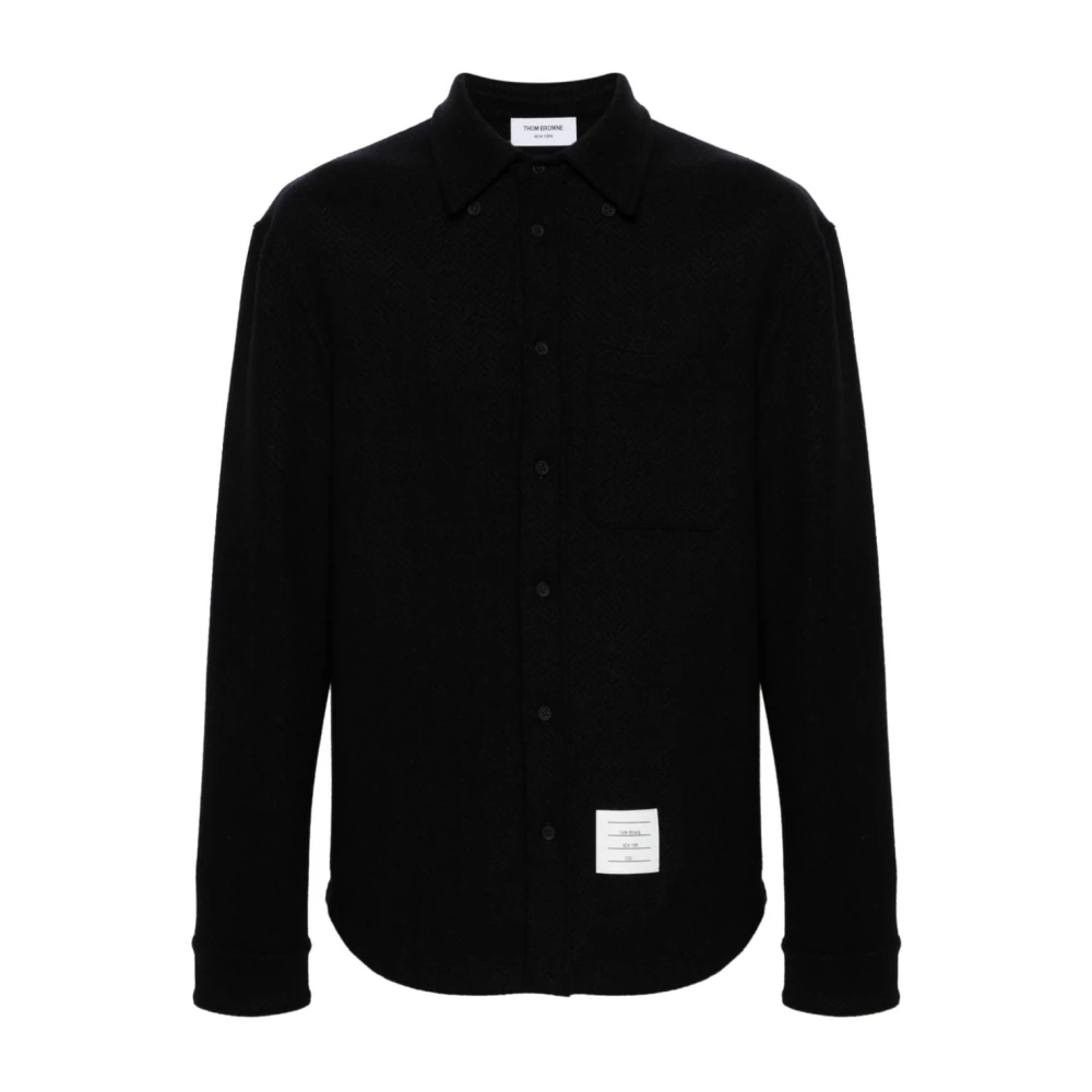 Thom Browne Blauw Herringbone Logo Patch Shirt Blue Heren