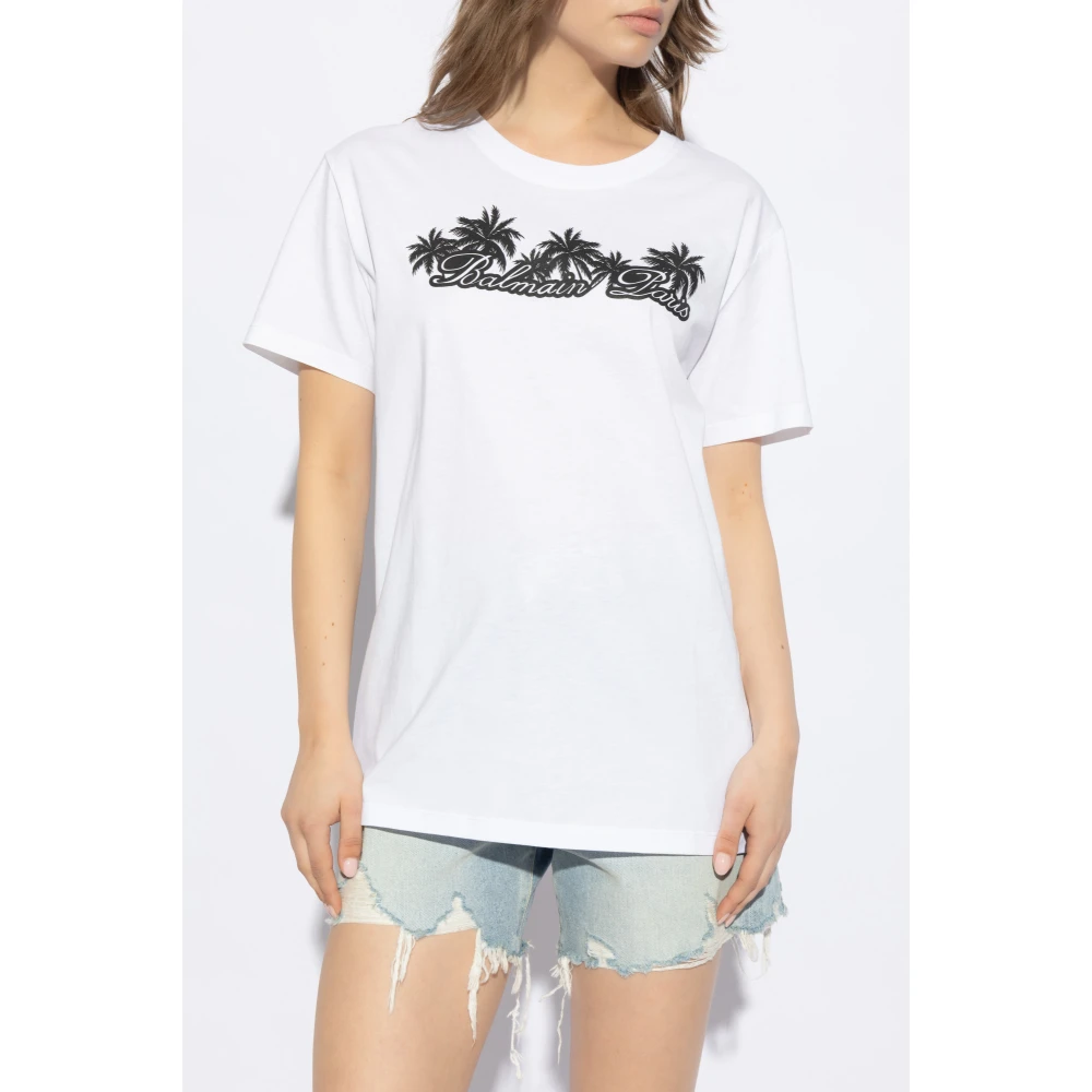 Balmain T-shirt van katoen met palmprint White Dames