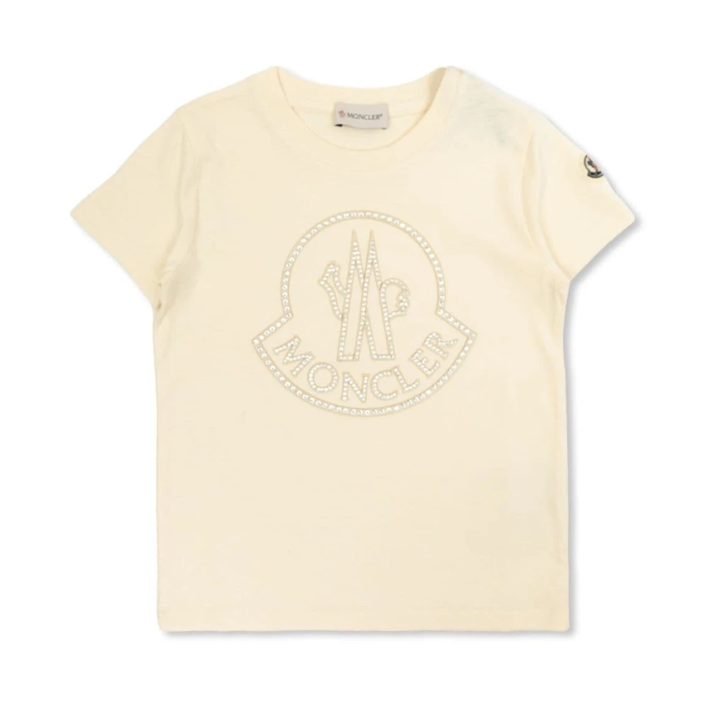 Moncler Boys Beige Kids Short Sleeve T-Shirts, 10 Y, Logo Embroidered T-Shirt