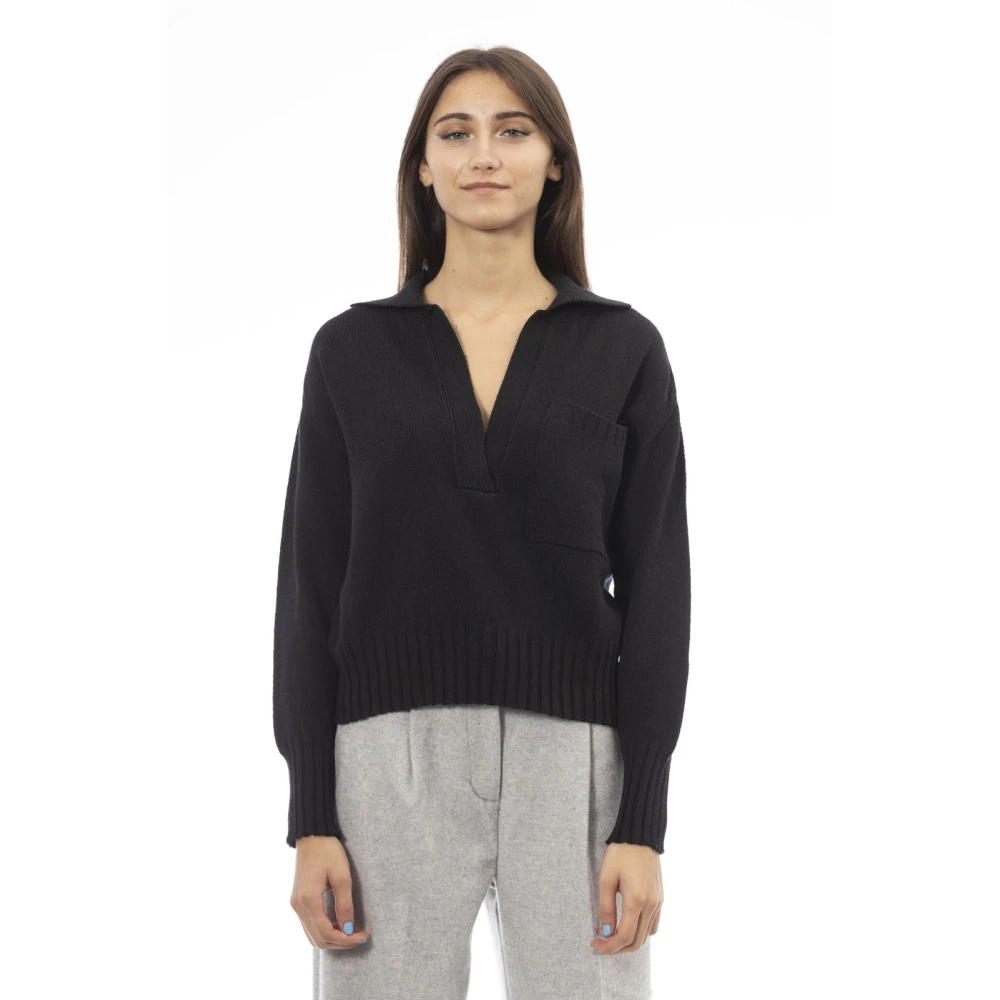 Alpha Studio V-hals trui met voorzak Black Dames