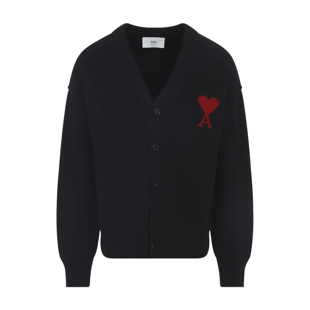 Ami Paris Men's Black Cardigans, S, Wool V-Neck Cardigan Aw25